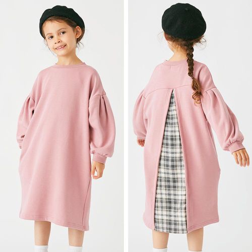 日本 evercloset - 裏毛厚磅背後拼接泡泡長袖洋裝-粉紅