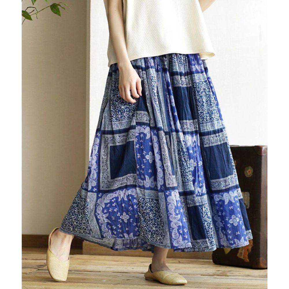 日本 zootie - 100%印度棉印花長裙-磁磚圖騰-水藍