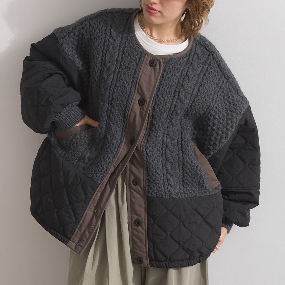 立體麻花絎縫拼接無領保暖外套-黑