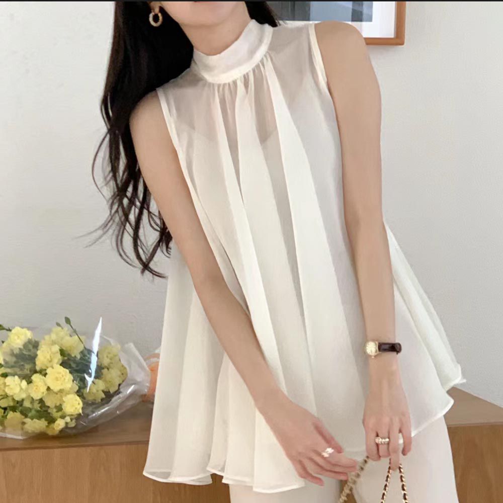韓國女裝連線 - 飄逸透膚網紗綁帶無袖上衣-白 (FREE)