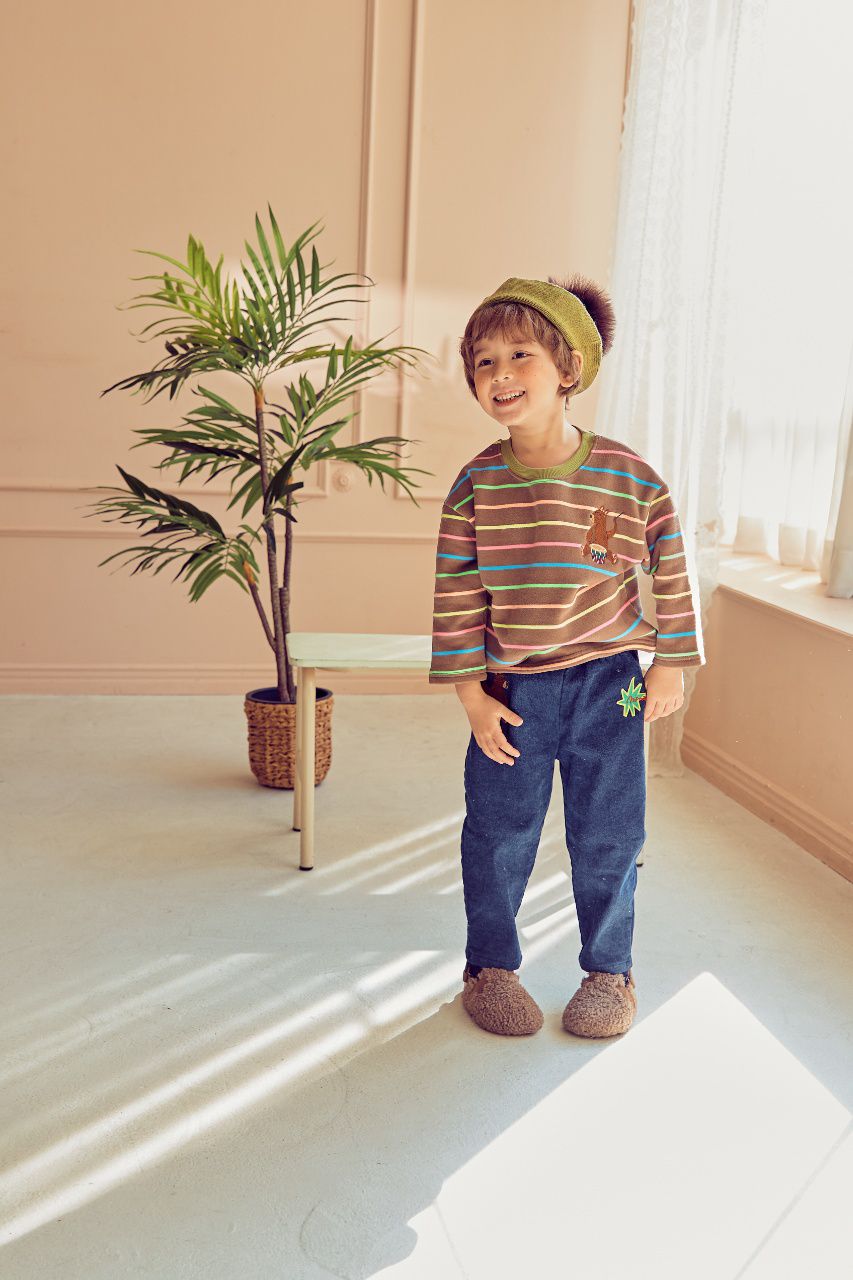 韓國 Mimico - (裏起毛)刺繡打鼓熊條紋T-棕