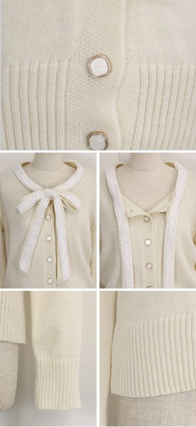 日本 BLUE EAST - 少女爛漫蕾絲蝴蝶結開襟衫-黑