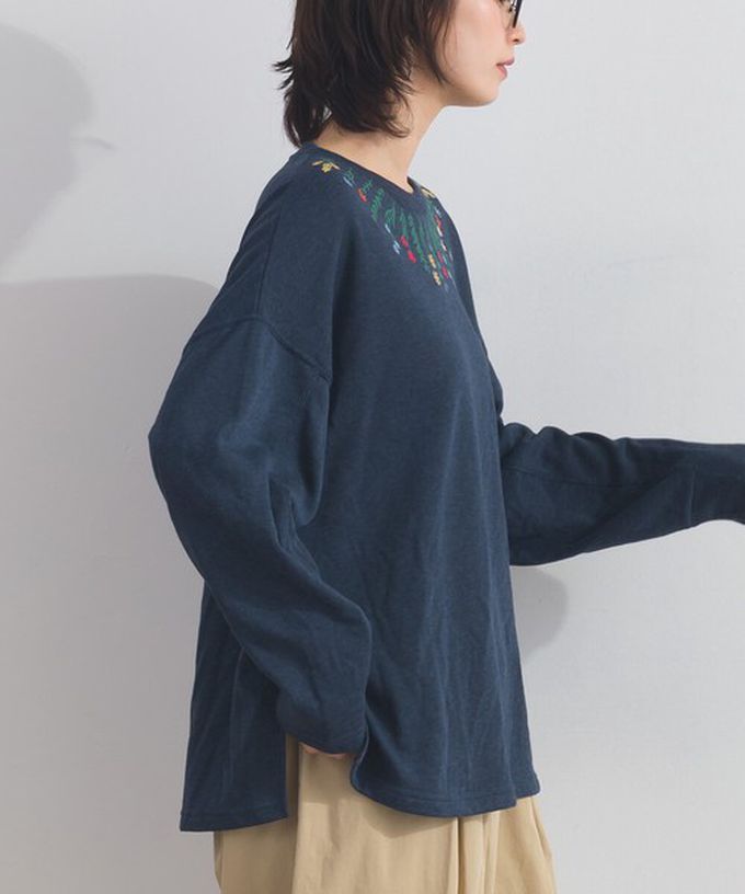 日本 Lupilien - 彩色刺繡花卉領裏毛長袖上衣-炭灰