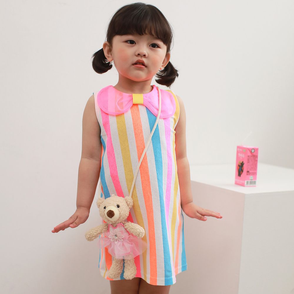 韓國 Coco Rabbit - 熊熊娃娃彩虹蝴蝶結洋裝-直條紋