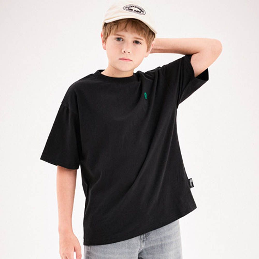 小笑臉裝飾寬鬆純棉短袖上衣-黑