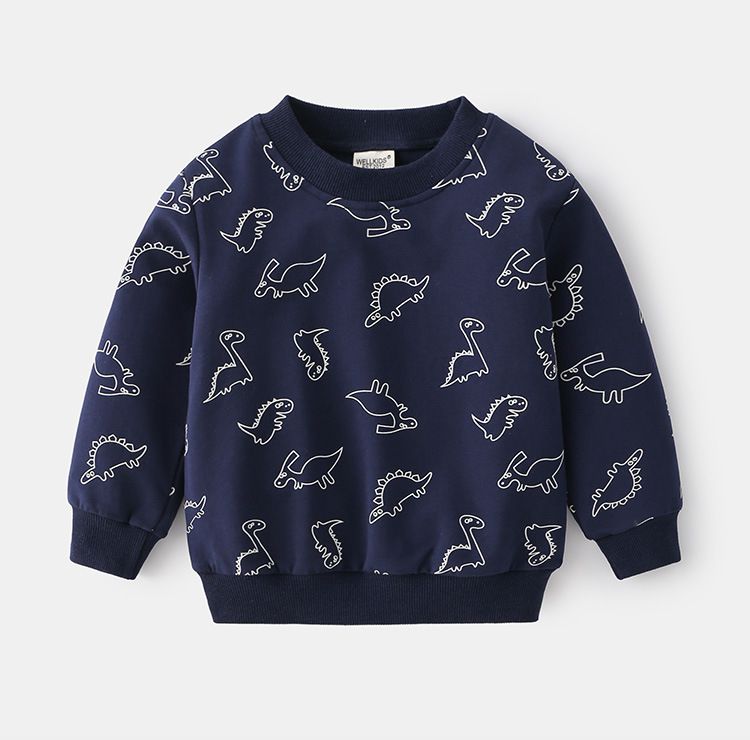 WELLKIDS - 棉質圓領長袖上衣-簡畫小恐龍-灰色
