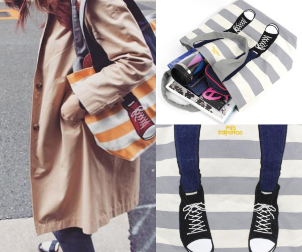 mis zapatos - 肩背托特美腿包(帆布)-條紋運動鞋-GY灰色 (21*30*15cm)