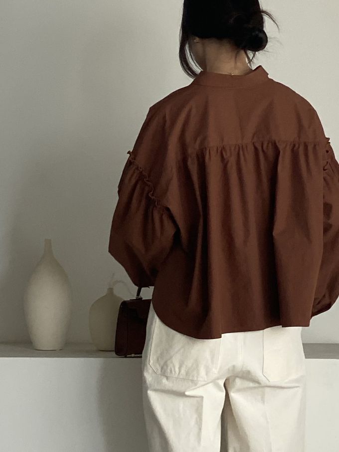 韓國女裝連線 - 極簡拼接翻領長袖襯衫-咖啡紅 (FREE)