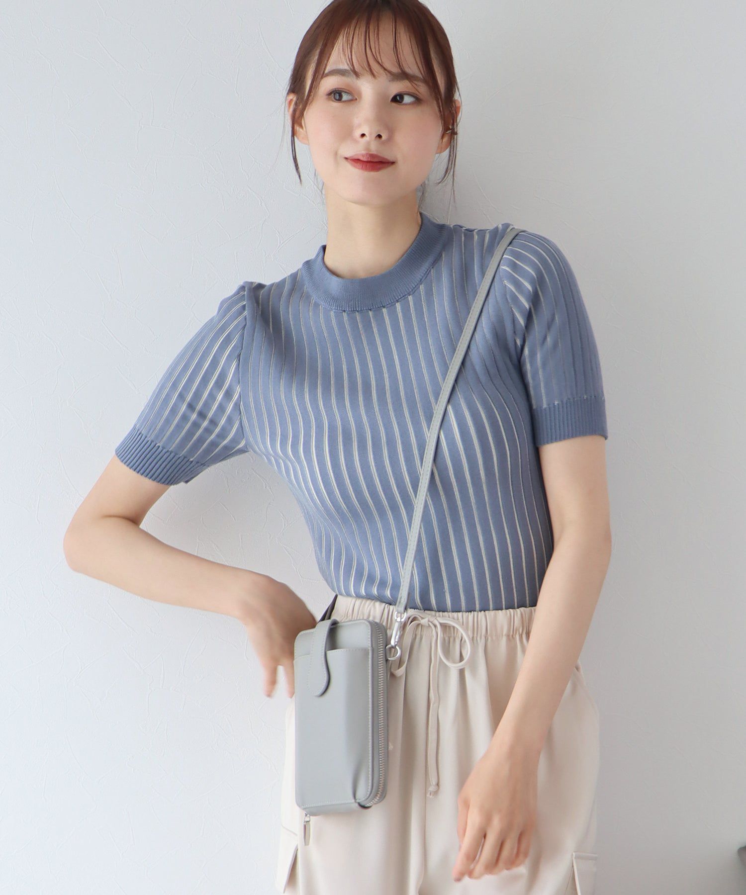 日本 BLUE EAST - 彈性寬羅紋薄針織短袖上衣-淺粉x白