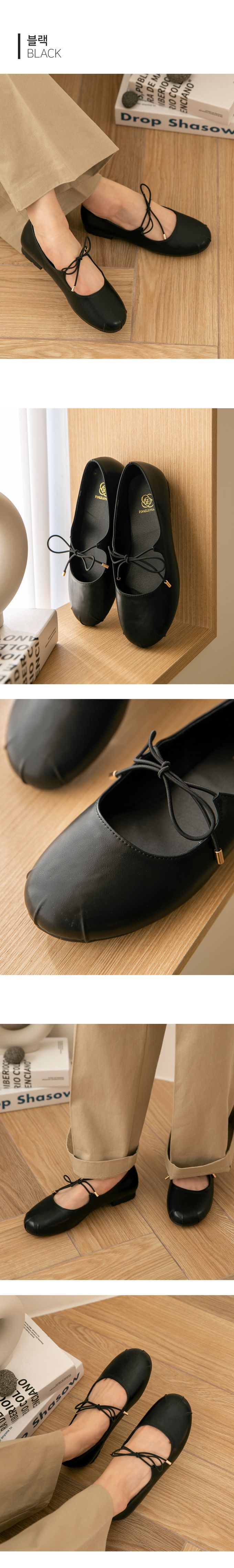 韓國 PINKELEPHANT - 軟皮革蝴蝶結綁帶包鞋(1.5cm)-黑