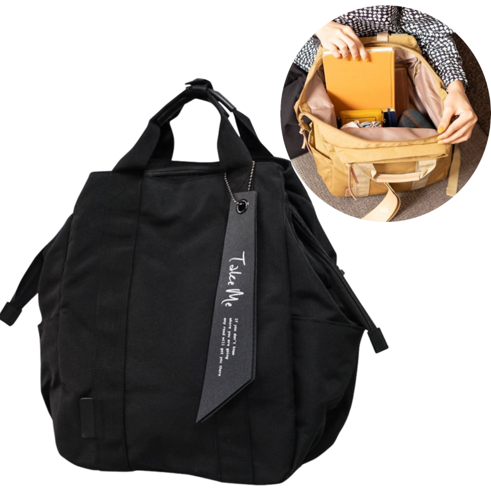 Take me 文青風輕量大開口多功能後背包/媽媽包-曜石黑 (36x24x14.5cm)