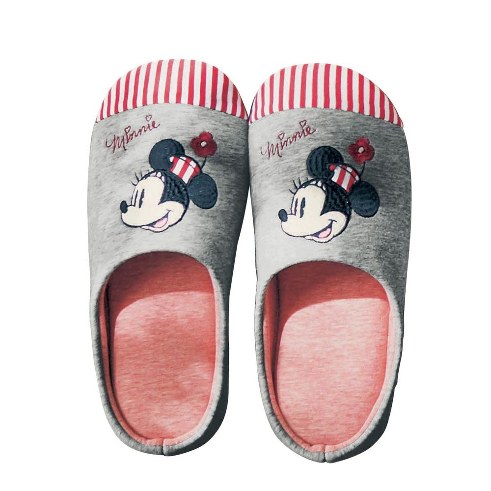日本千趣會 - 迪士尼 低反發麵包室內拖鞋-米妮大頭-灰X紅條紋