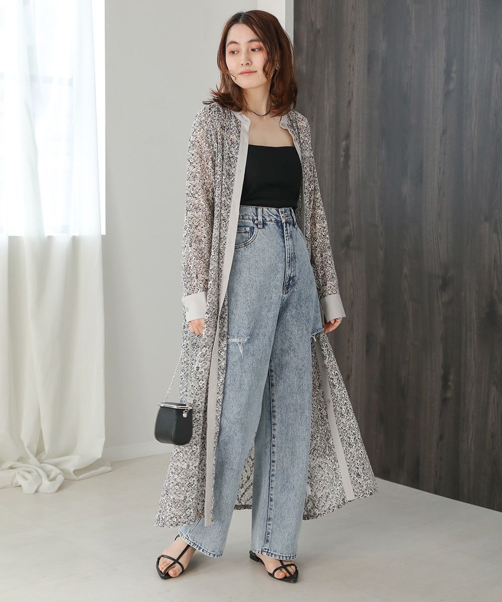 日本 Bab - 文藝浪漫碎花排扣洋裝-石英灰