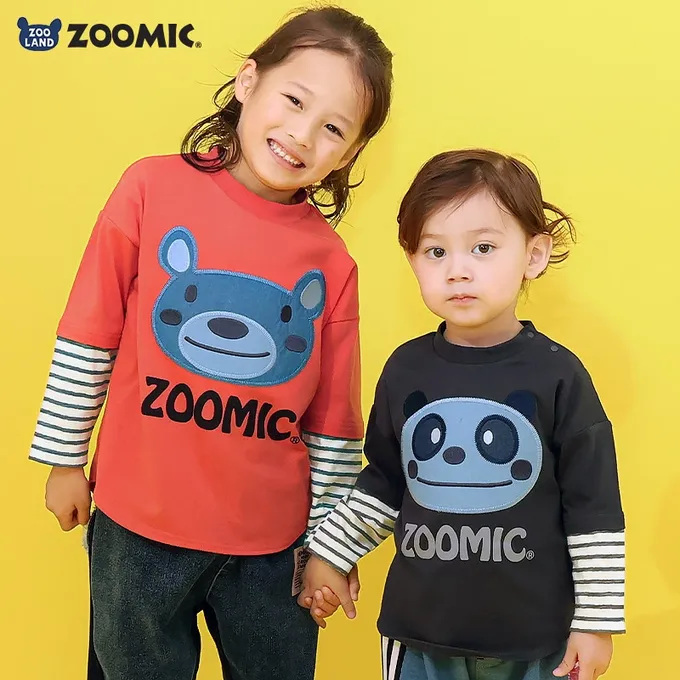 日本 ZOOLAND - 丹寧風小熊長袖上衣-假二件袖-紅