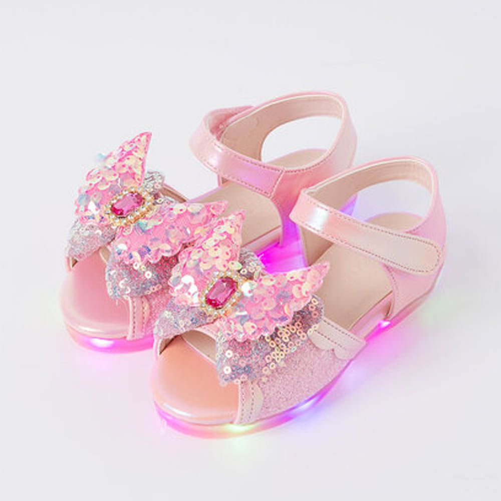 (LED)立體亮片寶石蝶翼公主涼鞋-粉