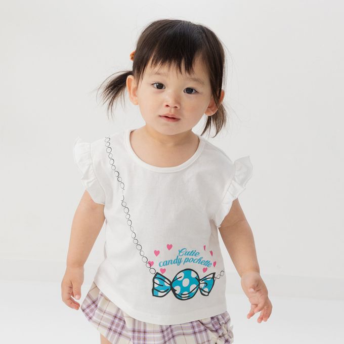 日本 Chil2 - 100%棉 荷葉邊女孩印花短袖上衣-向日葵-白