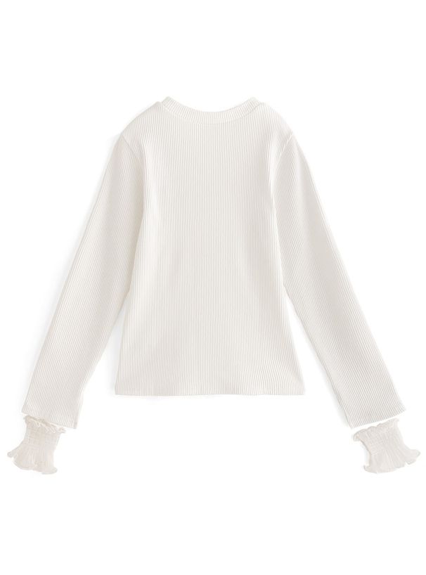 日本 GRL - 假兩件蕾絲內裡羅紋長袖上衣-天使白