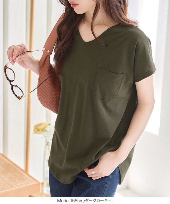 日本 Kobe Lettuce - 抗透汗 純棉V領口袋修身短袖上衣-海軍藍