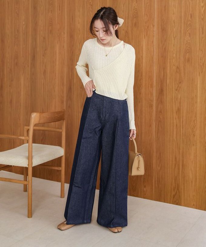 日本 Bab - 腳長效果 摺線丹寧印度棉寬褲-深灰