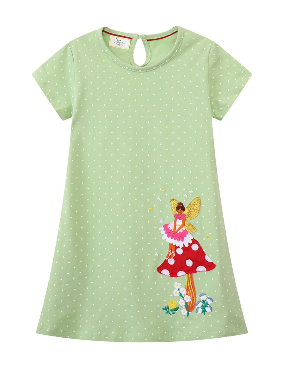 Jumping meters - 棉質圓領短袖洋裝-貼布繡小仙子-綠色