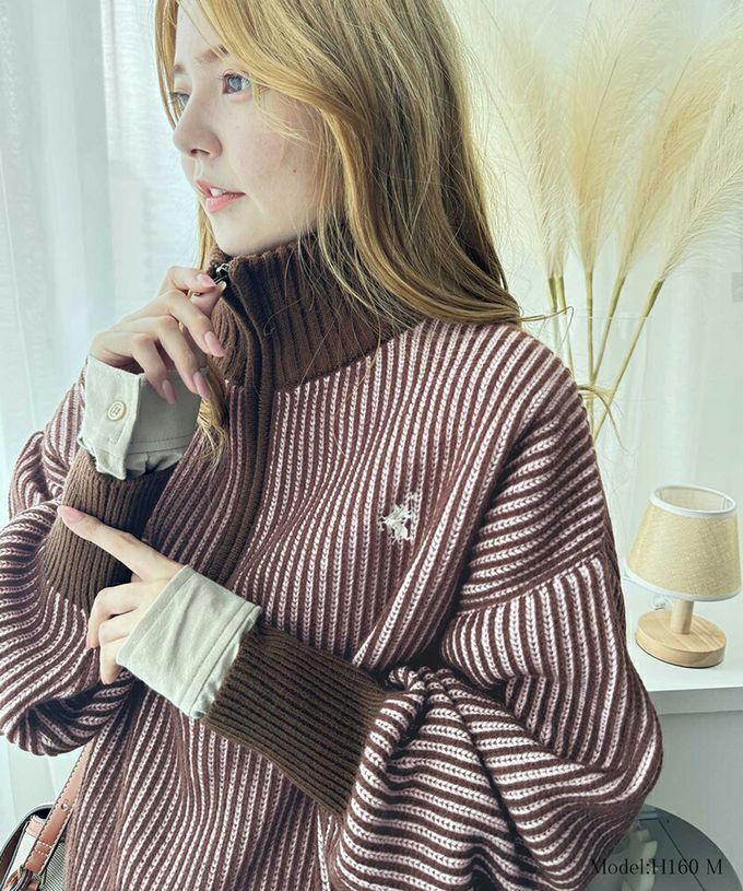 日本 Classical Elf - 半拉鍊線條感 logo刺繡配色針織衫-深藍x米