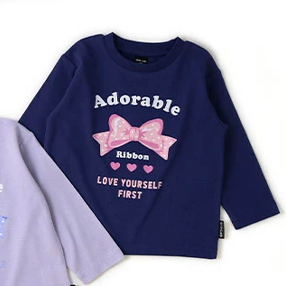 [推薦]定番印花薄長袖上衣-蝴蝶結-海軍藍