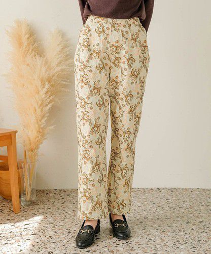 日本 Bou Jeloud - 復古花草圖騰長褲-海軍藍