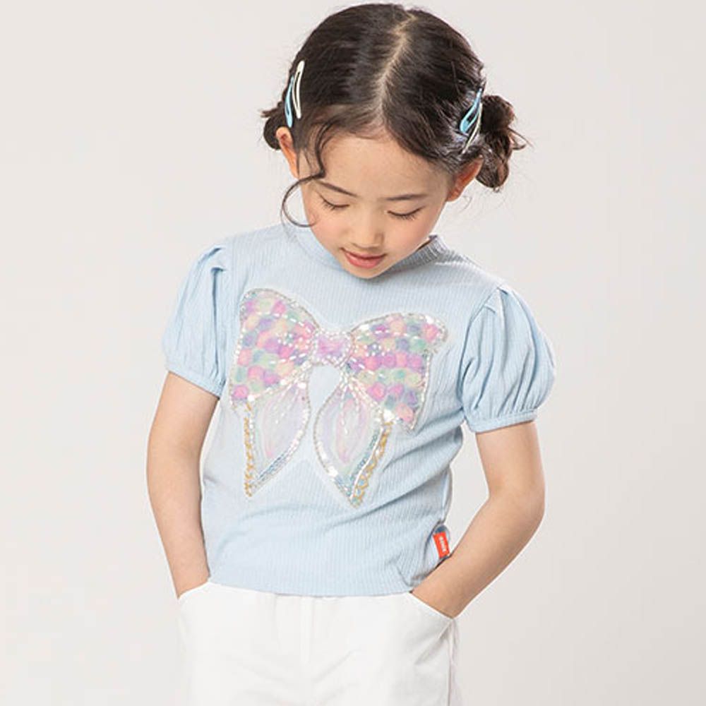 華麗花紗裝飾蝴蝶結泡泡袖上衣-天藍