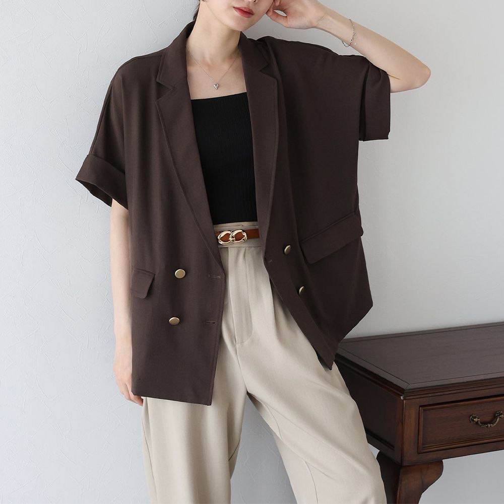 亞麻感氣質金釦短袖西裝外套-咖啡