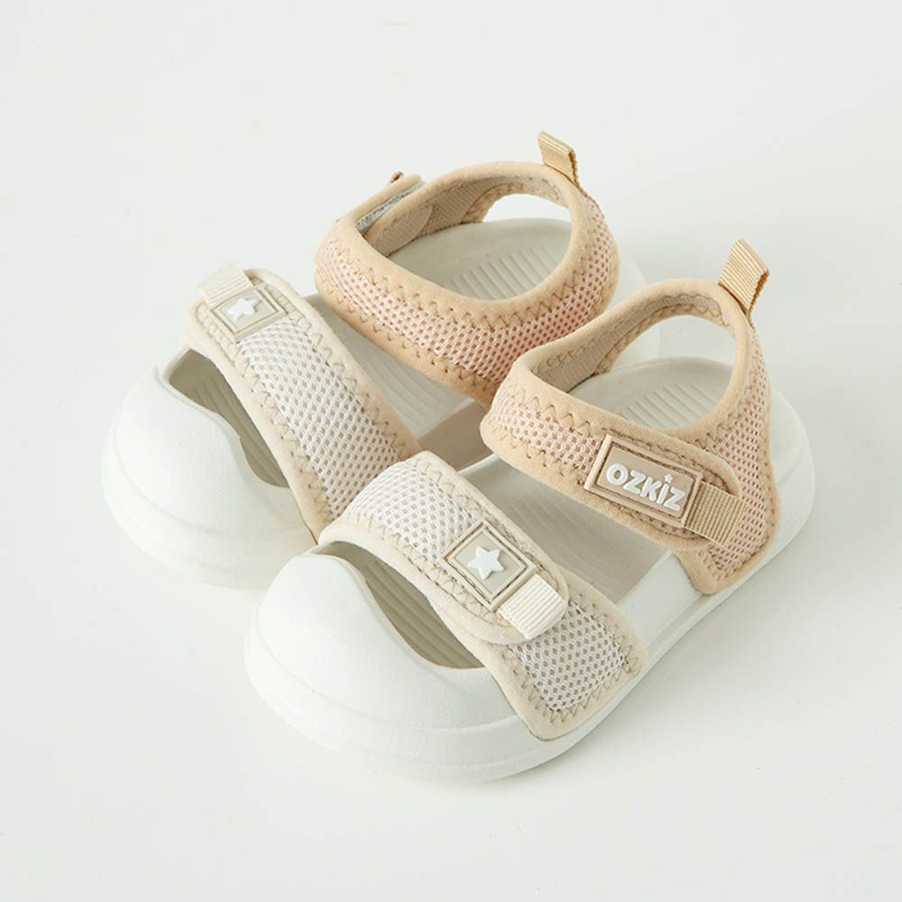 網眼透氣腳趾保護輕量涼鞋-米X杏