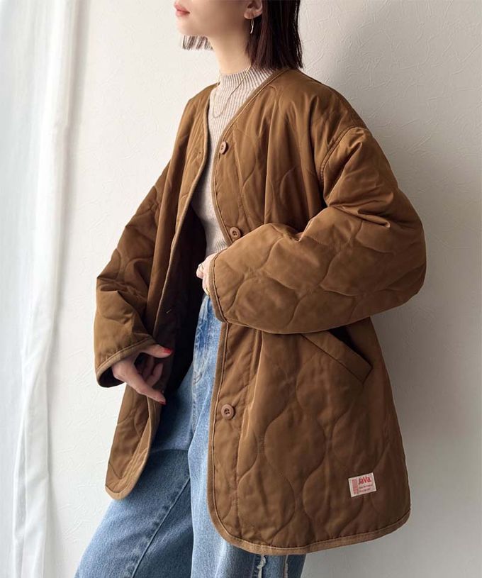 日本 Classical Elf - 簡約絎縫泡泡紋鋪棉外套-深軍綠