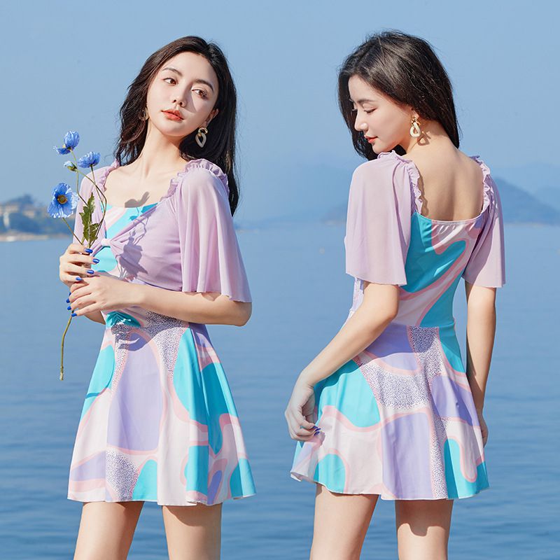 荷葉袖修身顯瘦遮肉連身裙泳衣-拼色幾何-淺紫色