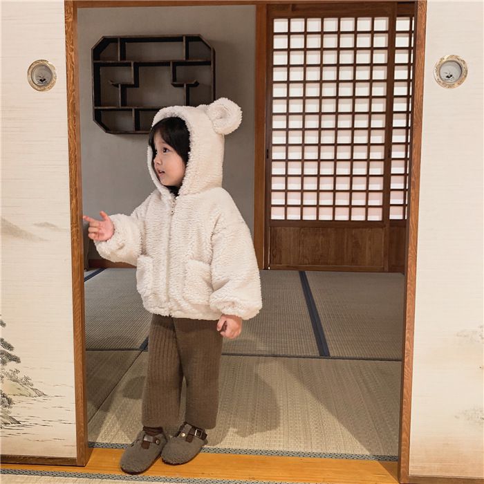 加厚連帽羊羔絨兒童造型外套-熊熊耳朵-米白色
