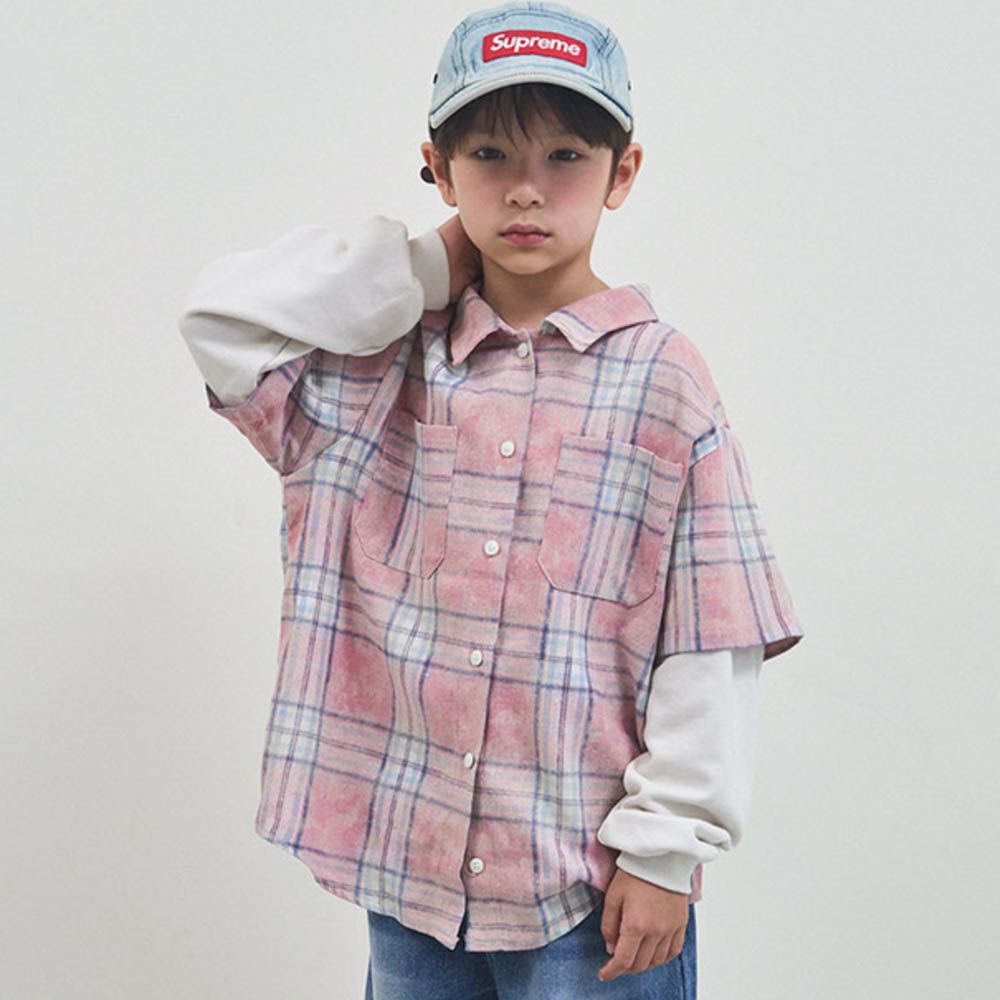 FORK CHIPS 復古水洗格紋拼接長袖上衣-粉