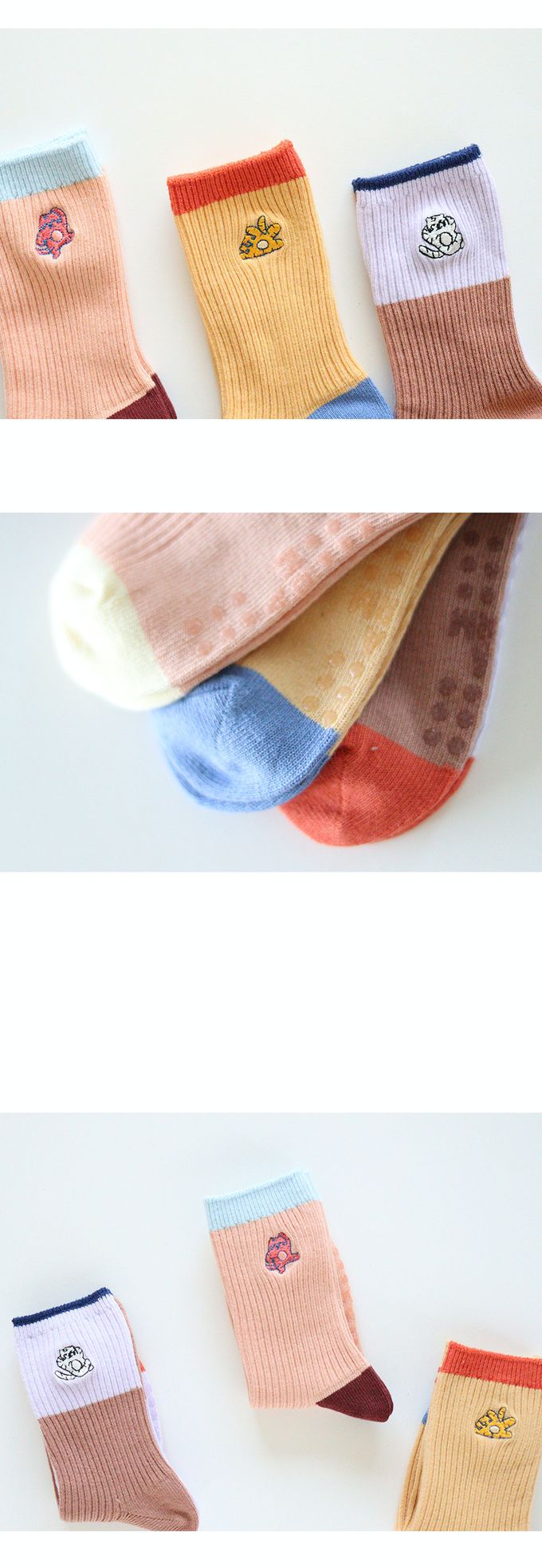 韓國 Kokacharm - 兒童中長襪/襪子三入組-刺繡老虎-紫咖X淺橘X粉橘