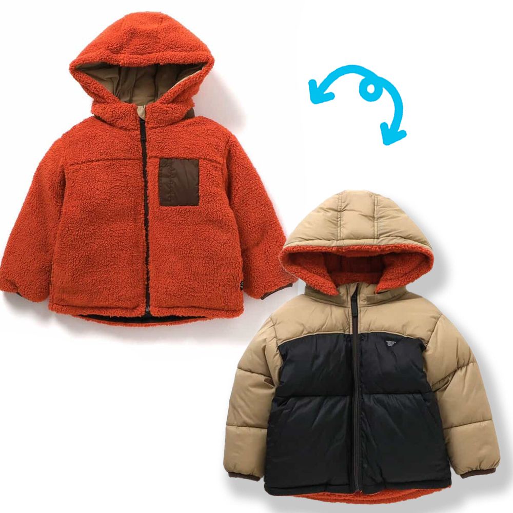 2WAY雙面穿 柔軟毛毛科技羽絨外套(帽可拆)-卡其X黑