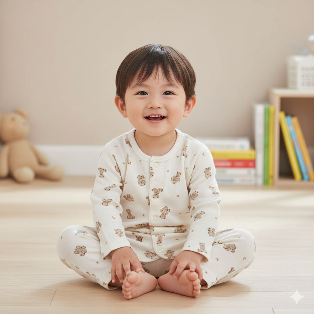 長袖兔裝-滿版印花-淺卡其色