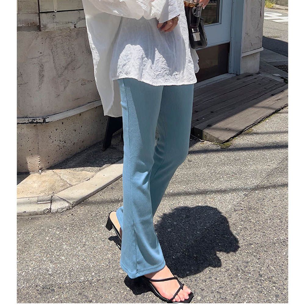 舒適細坑條美腿開叉喇叭褲-(可選長度)-藍