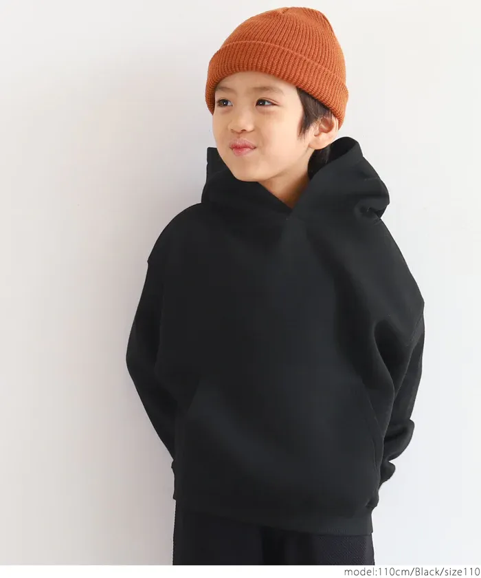 日本 COCA - fleece刷毛輕量寬鬆抽繩帽T-孩子-簡約黑