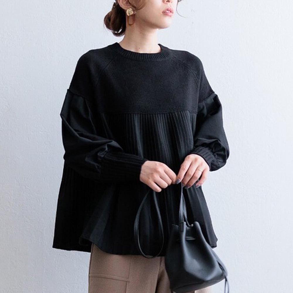 日本 ihuu - A字顯瘦百摺氣球袖針織上衣-黑
