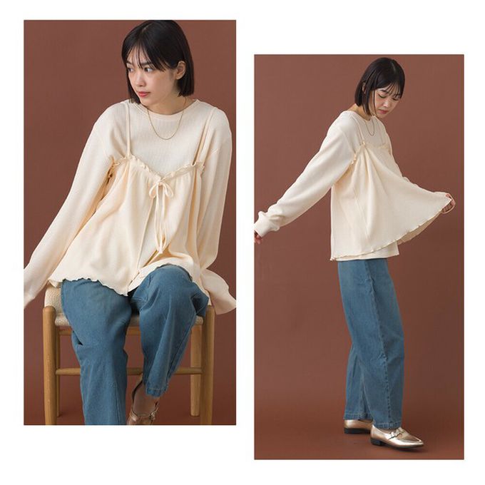 日本 OMNES - 定番華夫格荷葉細肩帶上衣(同色2件組)-象牙