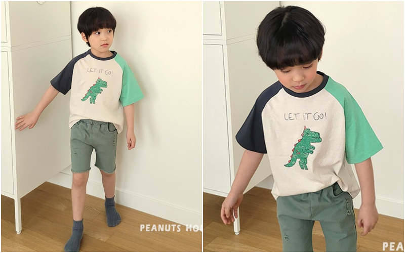 韓國 Peanuts House - 恐龍拼接色T-藍