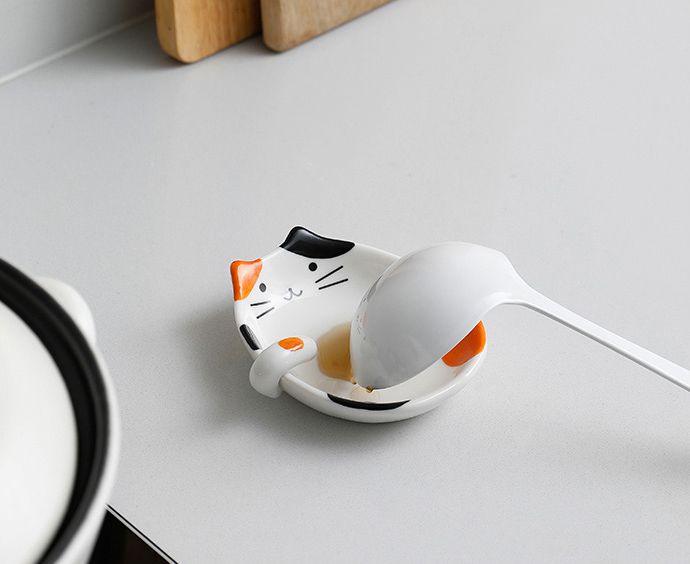 日本霜山 - 貓咪造型陶瓷彩釉碟型鍋勺/湯勺架