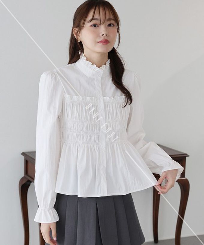 日本 BLUE EAST - 小立領荷葉皺摺束腰長袖襯衫-水藍