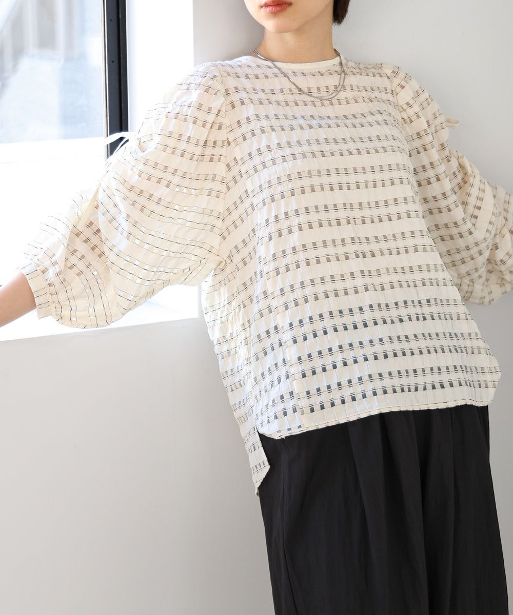 日本 Bab - 甜美格紋抽繩澎澎袖上衣-米杏