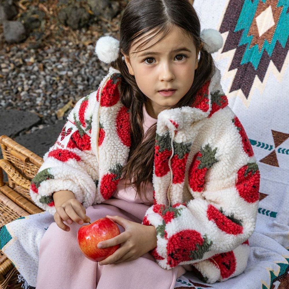 (附帽子)溫暖羔羊絨填充外套-草莓-象牙白