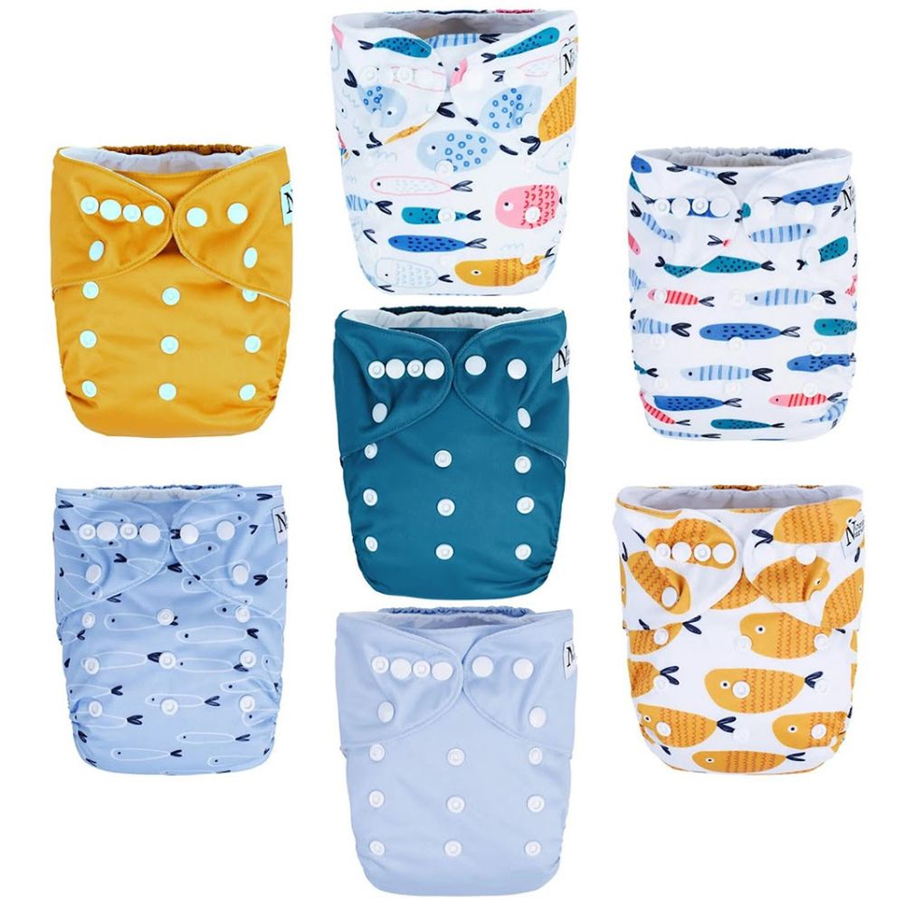 Nora's Nursery - 成長型口袋式布尿布-7件組 送收納袋 附尿墊-游來游去 (4.5~16公斤)