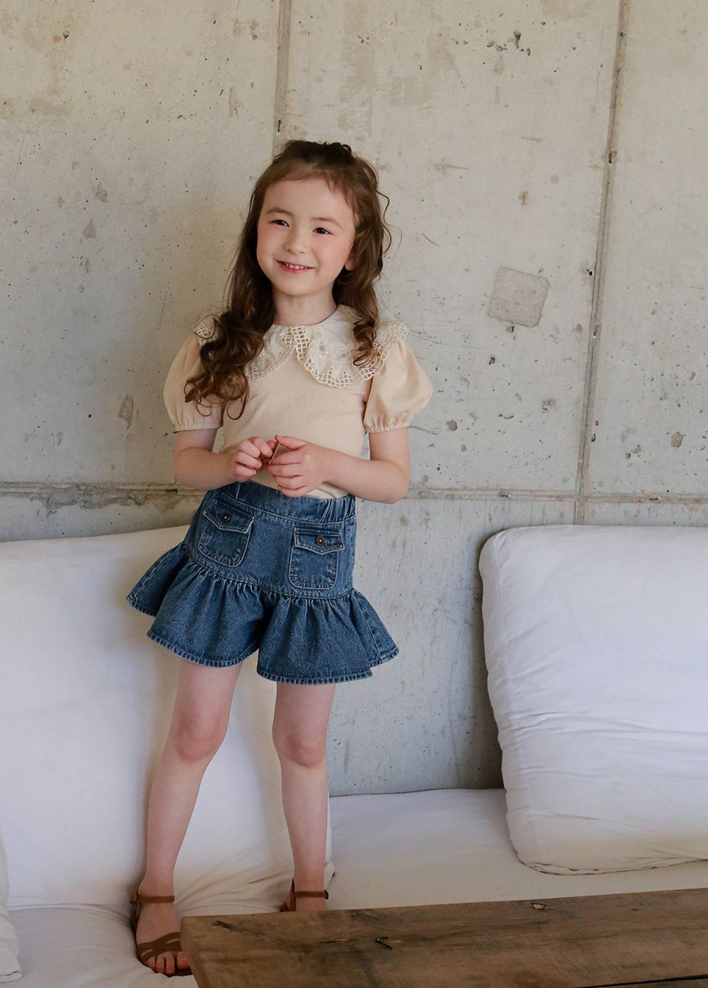 韓國 PuellaFLO - 鏤空格子大白領上衣-蜜桃粉