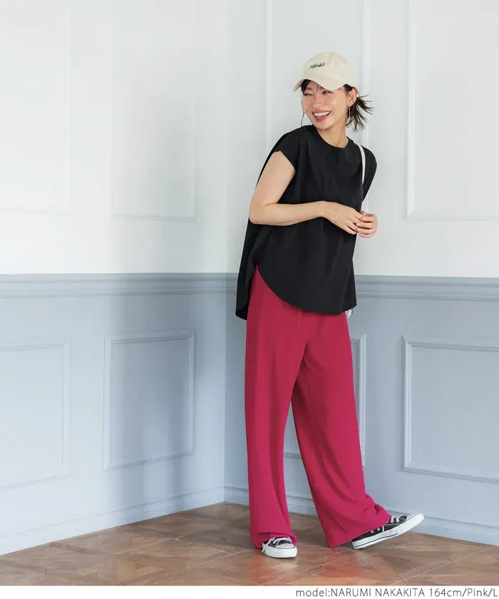 日本 COCA - [可剪裁]  百搭垂墜感彈性修身寬褲-卡其