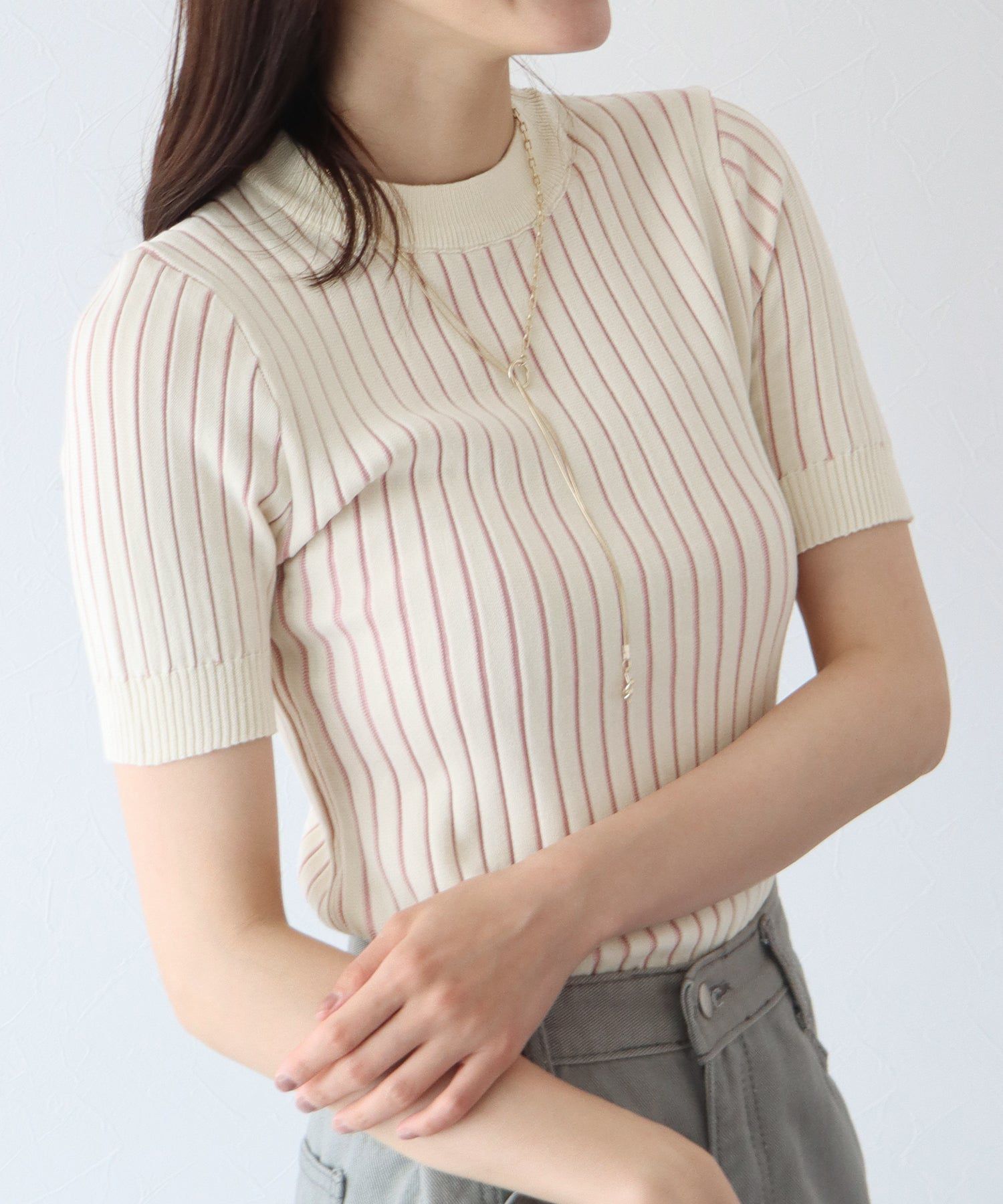 日本 BLUE EAST - 彈性寬羅紋薄針織短袖上衣-淺粉x白